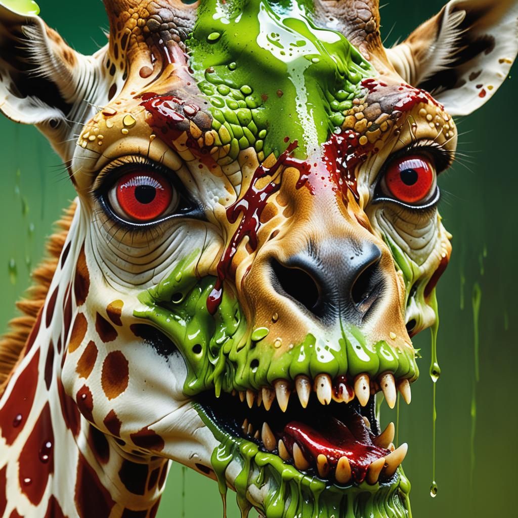 Grotesque surrealism. Close-up. Terrible ugly giraffe with e...