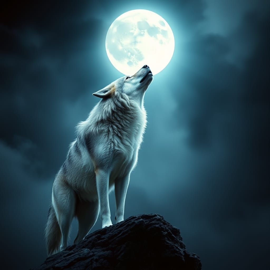 Heroic Silver Wolf Under Moonlit Sky