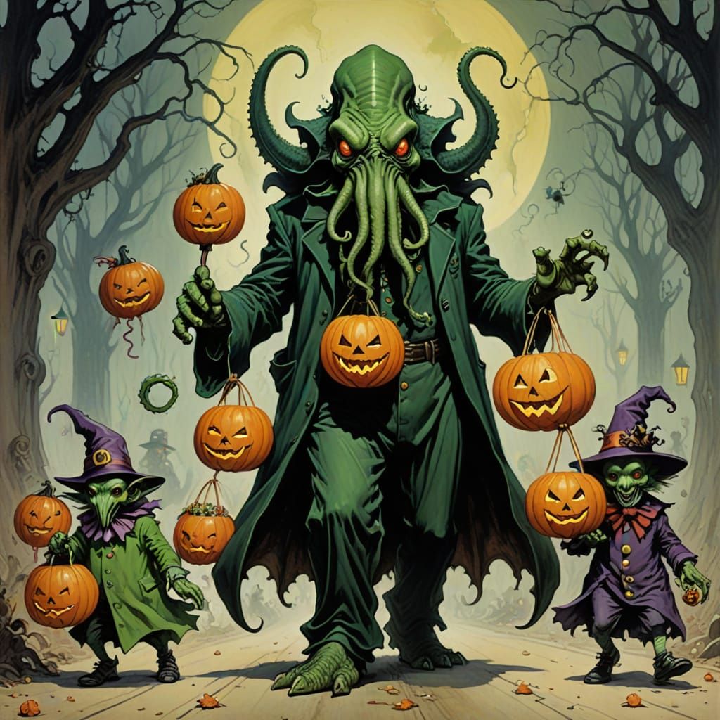 Cthulhu Family Trick-or-Treating in Heinrich Kley Style