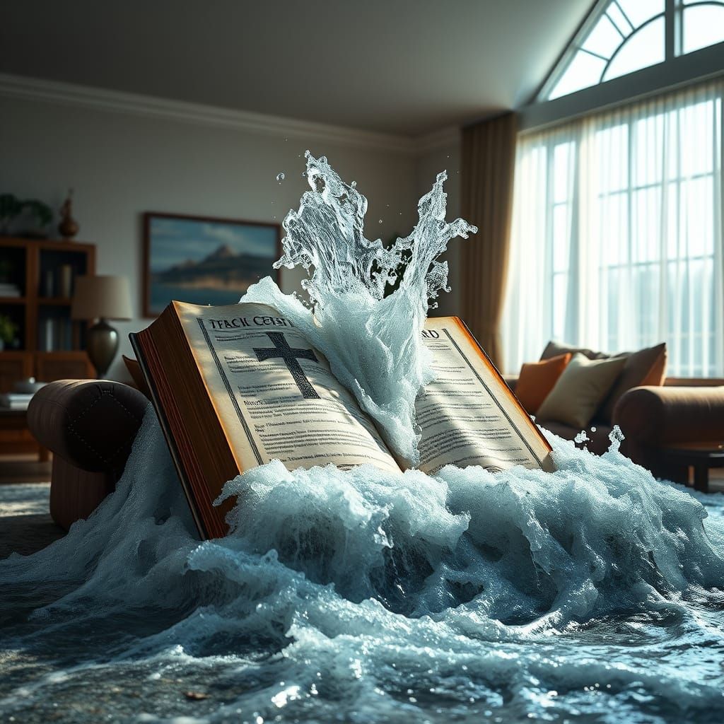 Waterfall Erupting from Bible in Hyperrealistic Photo