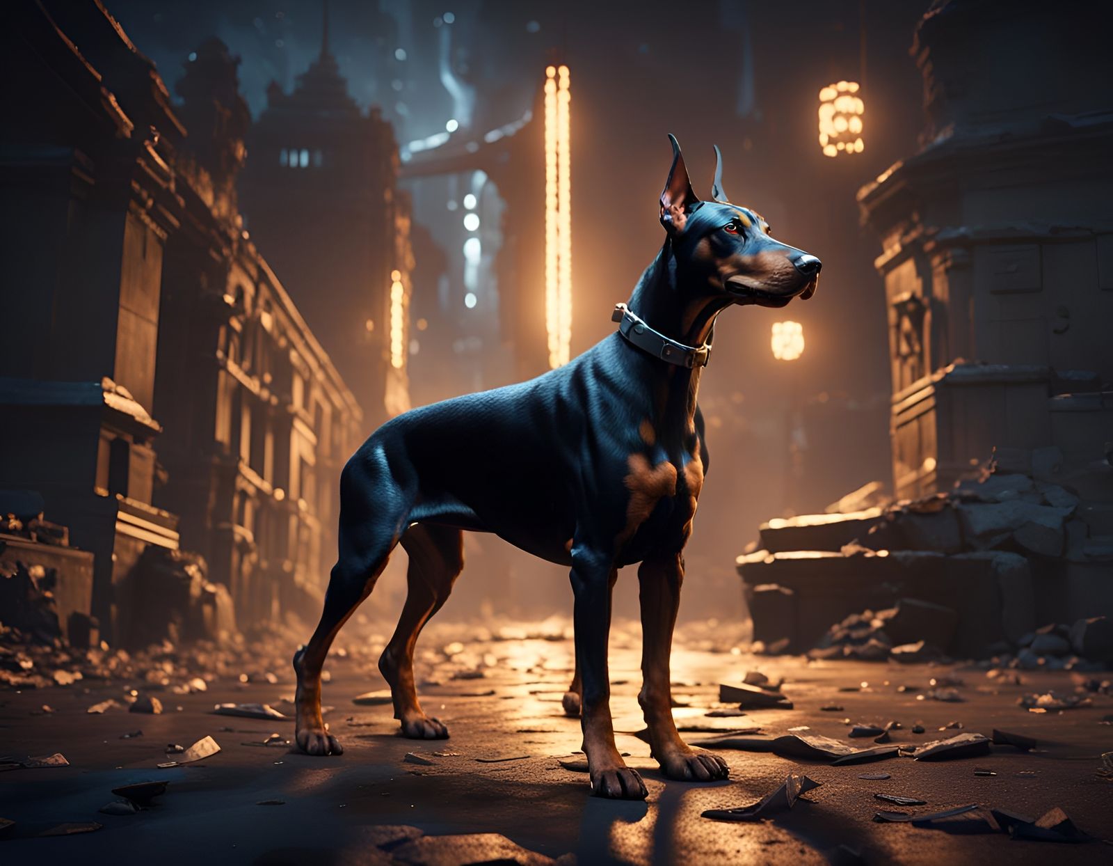 Doberman in Dark Night: 3D Game Cinematic