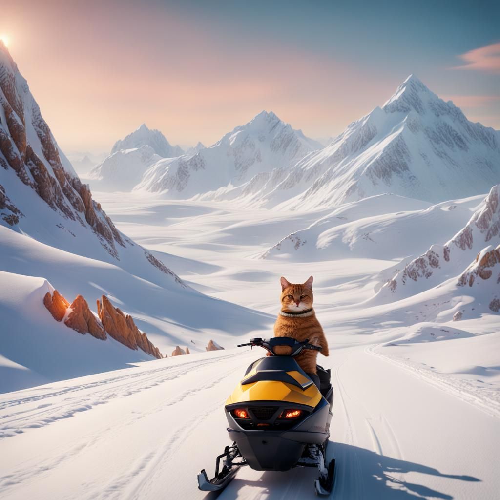 Cat Snowmobiling Toward Giant Hotdog in Snowy Mountains