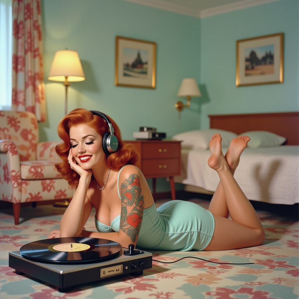 Retro Pin-Up Girl with Vintage Record Player