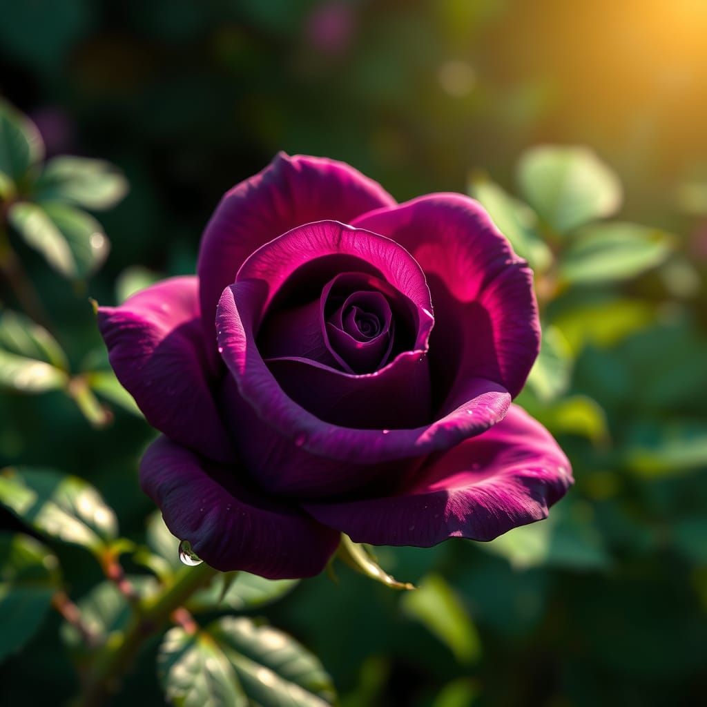 Delicate Raindrop on a Plum-Purple Rose in a Serene Garden