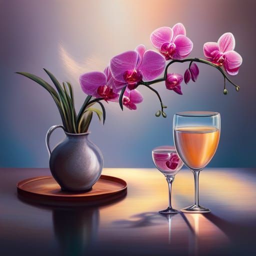 Hyperrealistic Orchids and Sparkling Wine Still Life