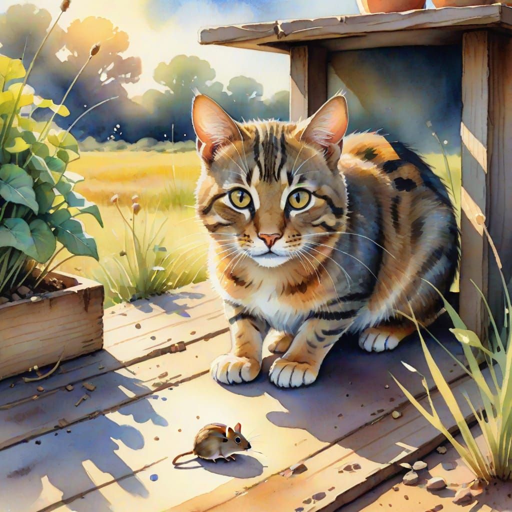 Whimsical Watercolour of Wildcat Hunting Mouse