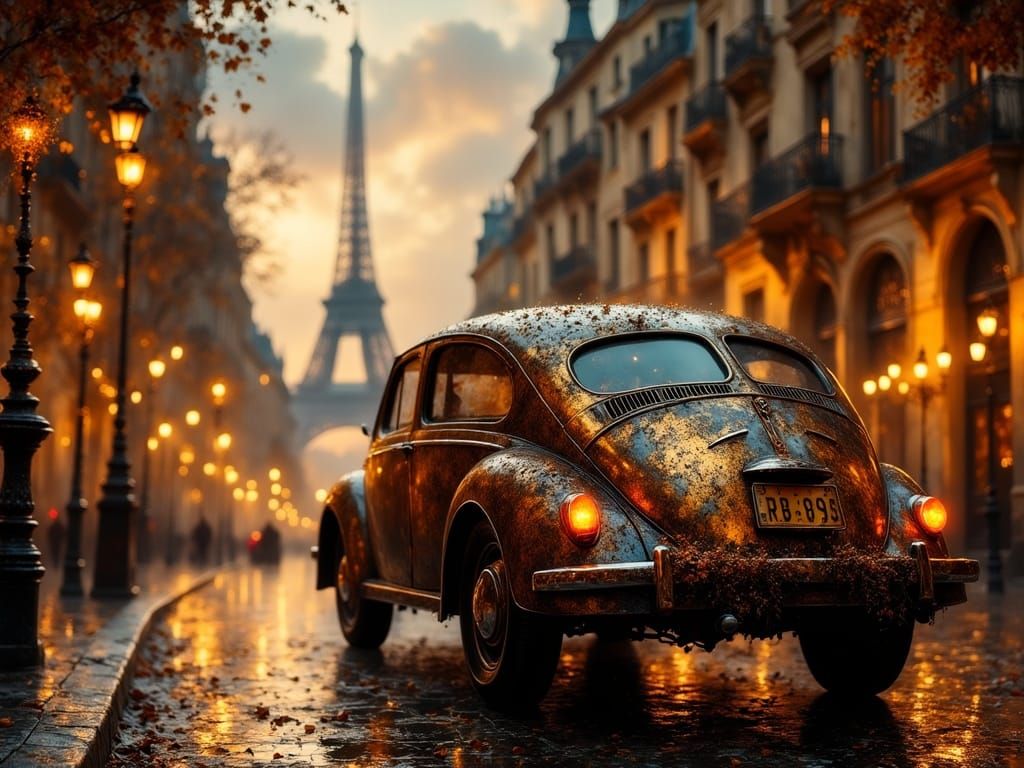 Steampunk Electric Car on Autumn Street