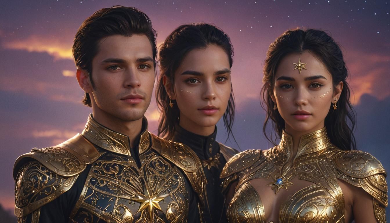 Enchanting Girl and Golden Man in Starry Sky