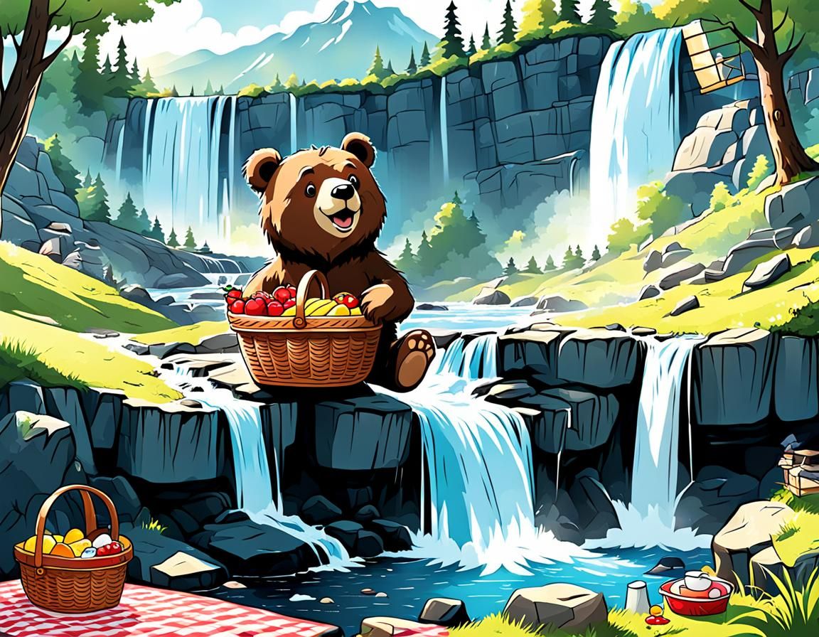 Cartoon waterfall::cartoon bear::picnic basket