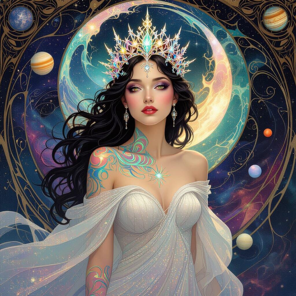 Ethereal Woman with Cosmic Tattoos in Art Nouveau Style