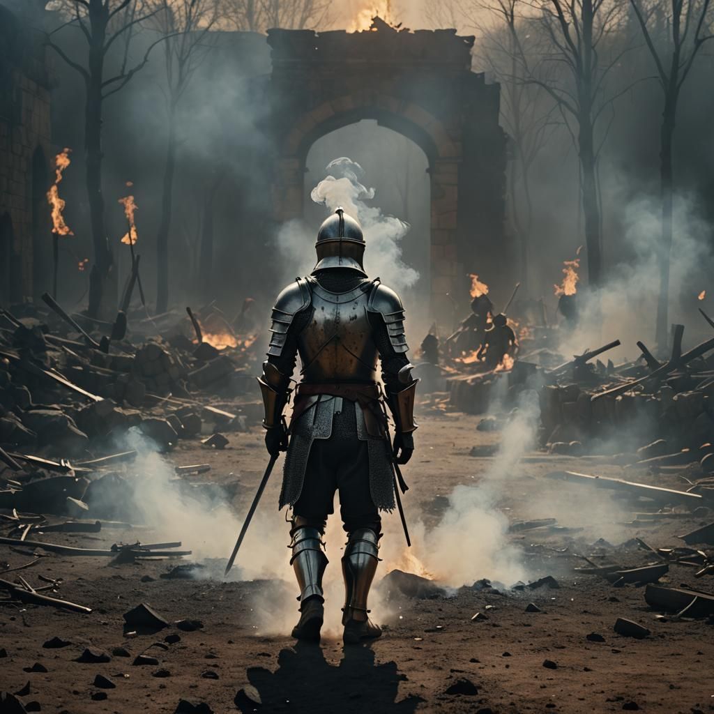 Knight on Dark Battlefield in Cinematic Style