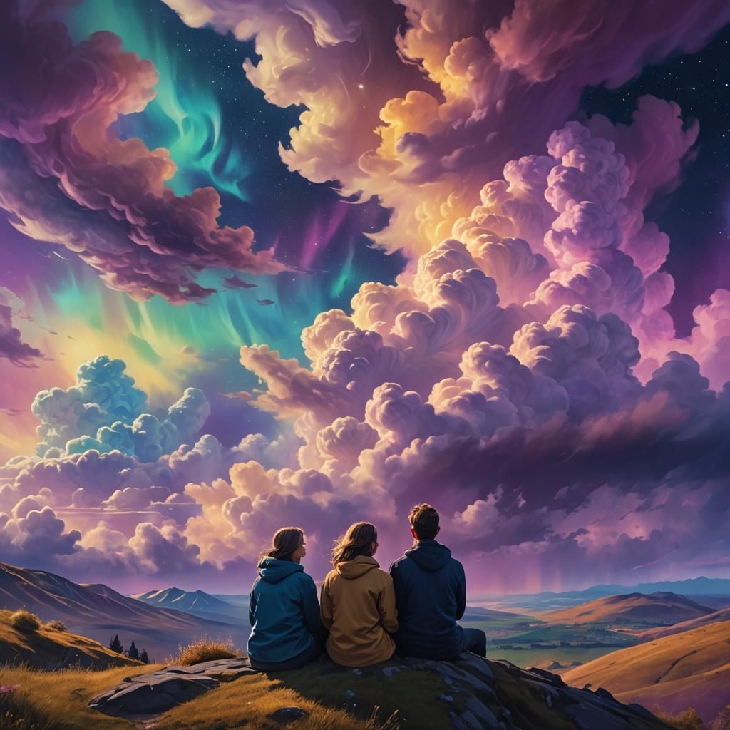 Couple Watching Aurora Clouds in Cosmic Surrealism