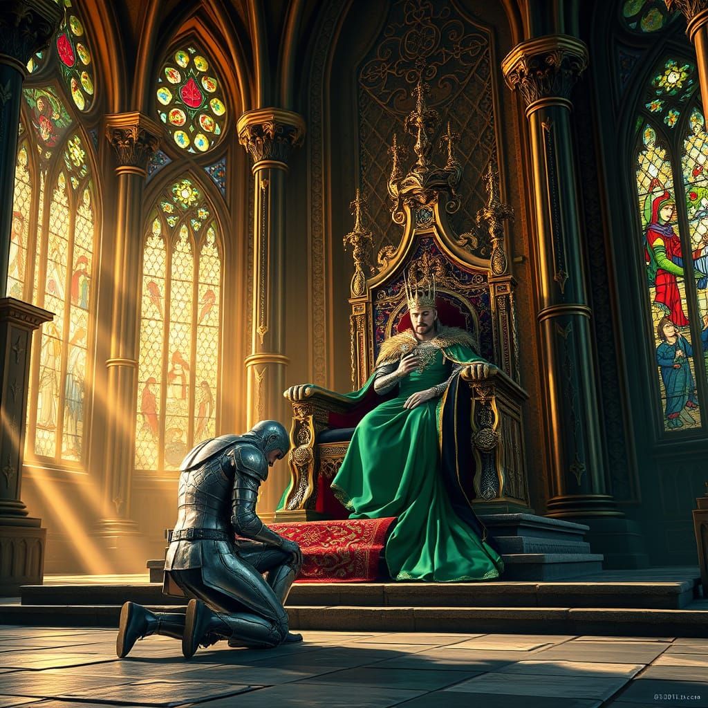 Regal King Arthur in Ornate Armor, Seeking Forgiveness from ...