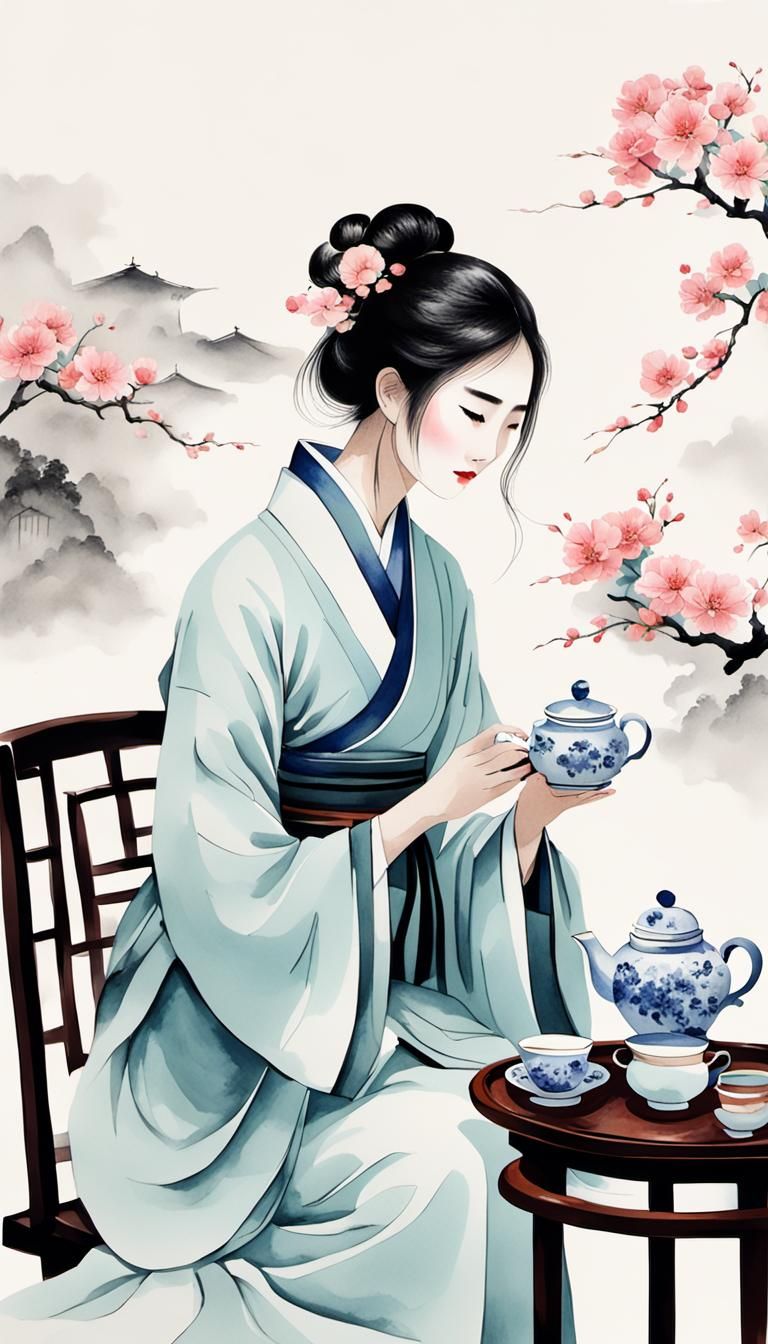 Minimalist Chinese Ink Painting: Lady Enjoying Tea