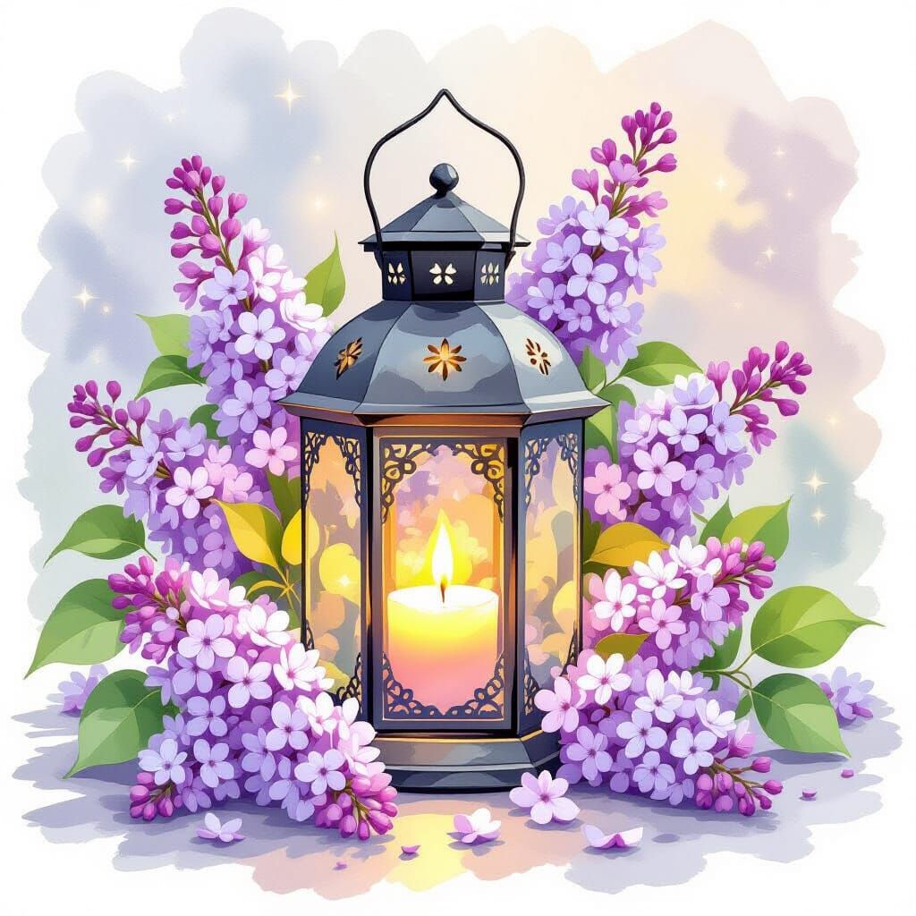 Antique Lantern with Lilacs in Painterly Style