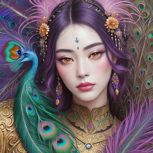 Peacock Haired Woman Portrait in Expressionist Style