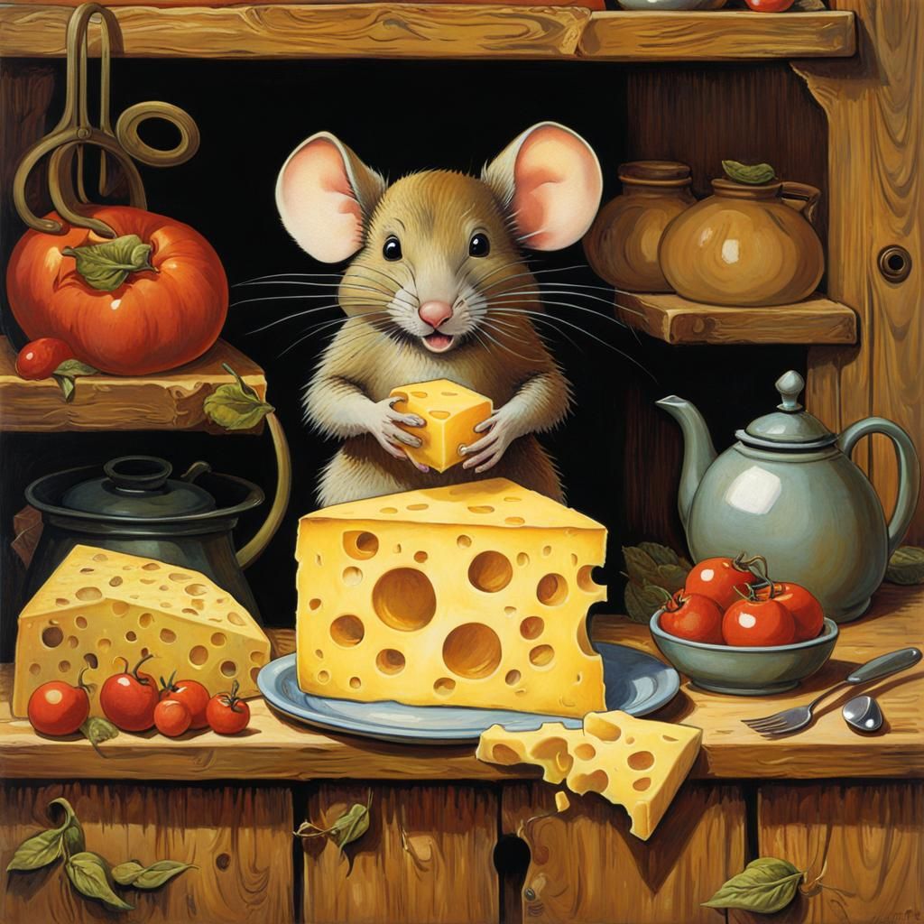 Mouse's Cheese Feast: Expressionist Surreal Kitchen Scene