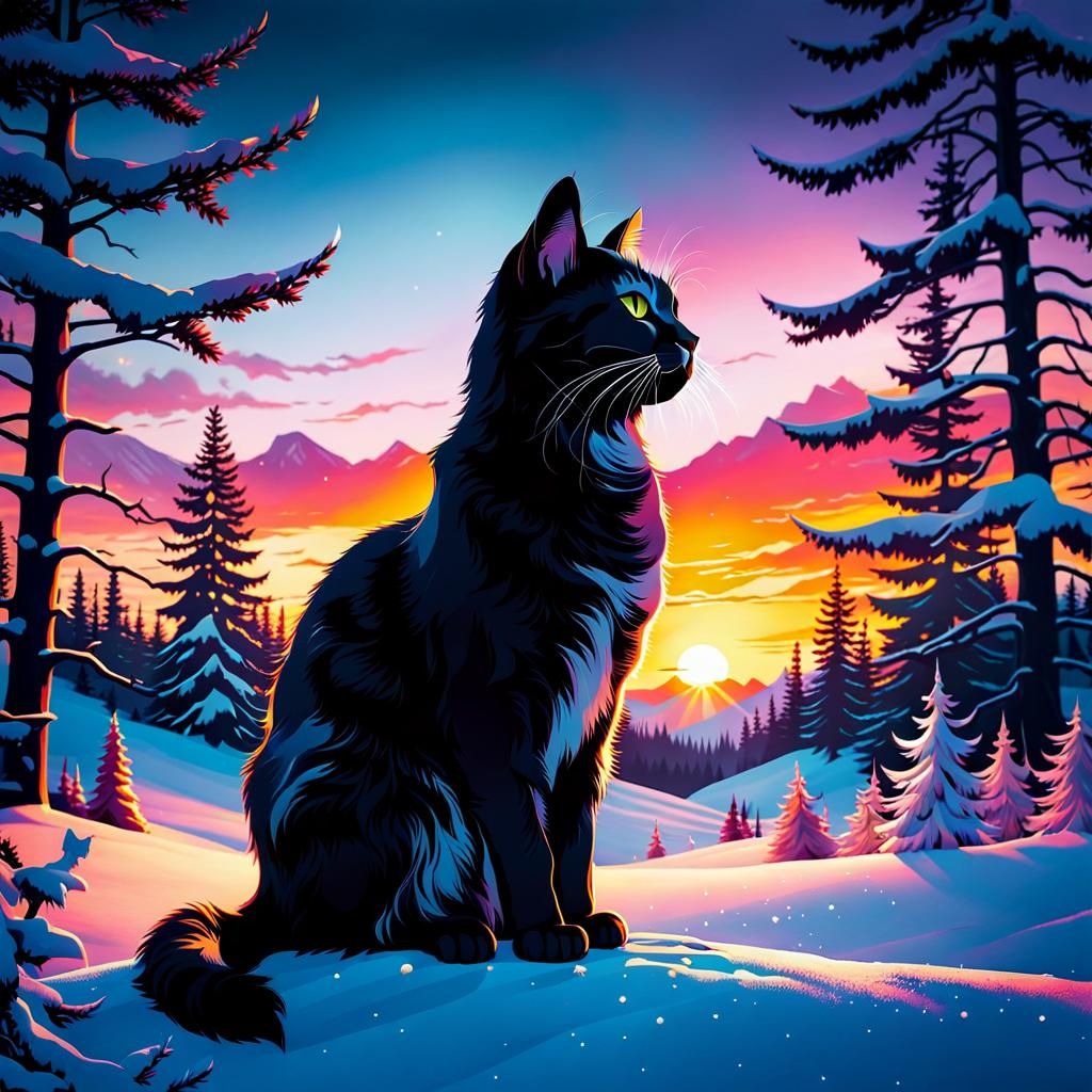 Majestic Sunset Feline in Cinematic Winter Landscape