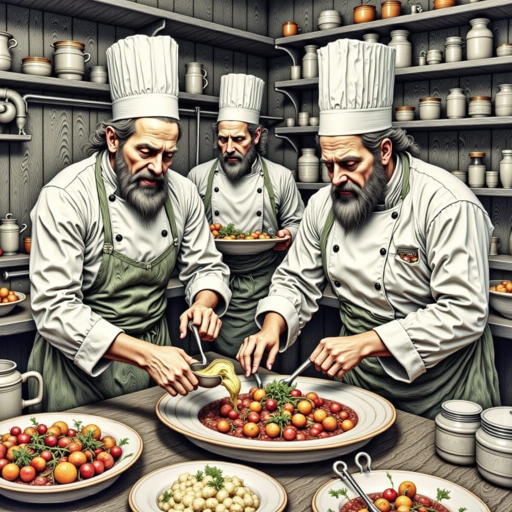 Chefs in a French kitchen preparing a meal in a realistic dr...
