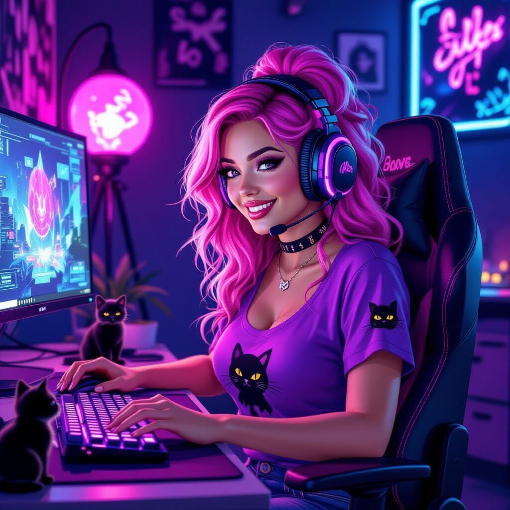 Cyberpunk Gamer Woman with Kitten and Neon Glow