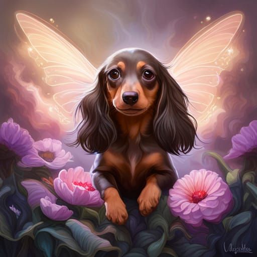 Dachshund Puppy Fairy Portrait in Hyperdetailed Style