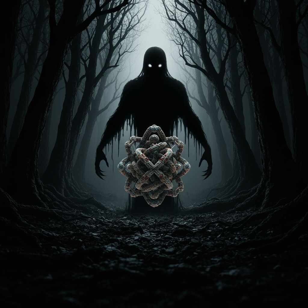 Horror Shadow Figure Before Surreal Artifact in Dark Forest