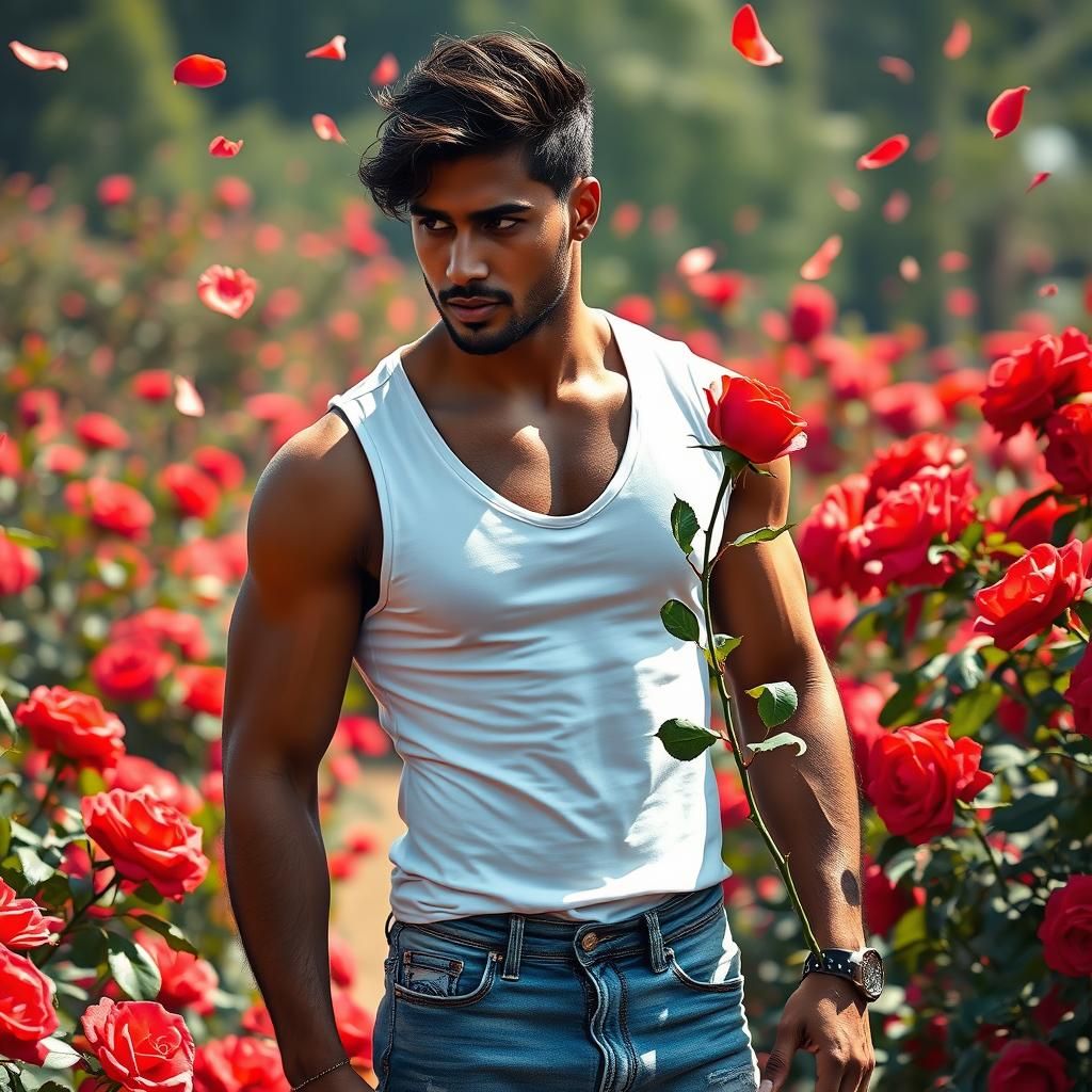 Indian Man with Rose in Hyper-Realistic Garden