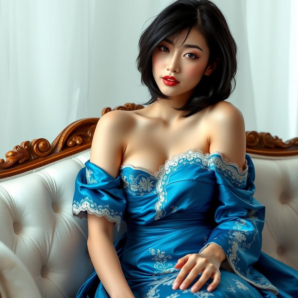Ethereal Japanese Goddess in Cerulean Blue Silk Gown