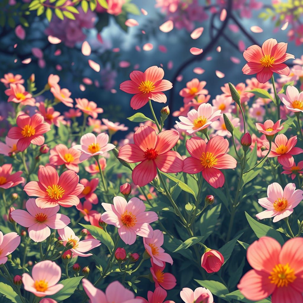 Vibrant Anime Flowers Bloom in Lush Greenery