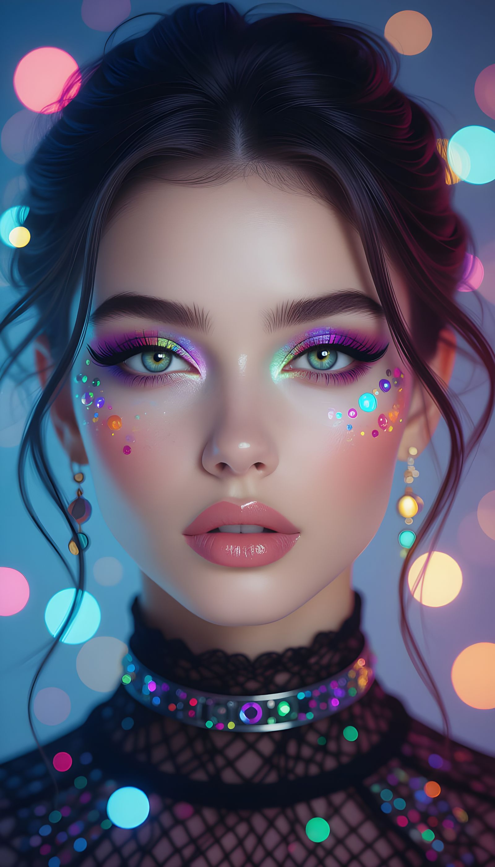 Dreamy Cyberpunk Portrait with Neon Orbs