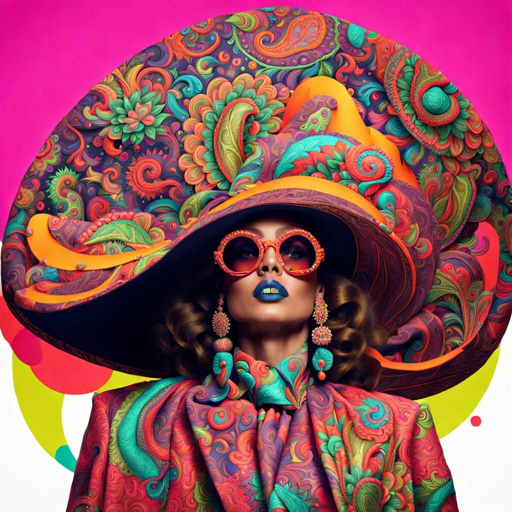 Lady in Massive Neon Paisley Hat