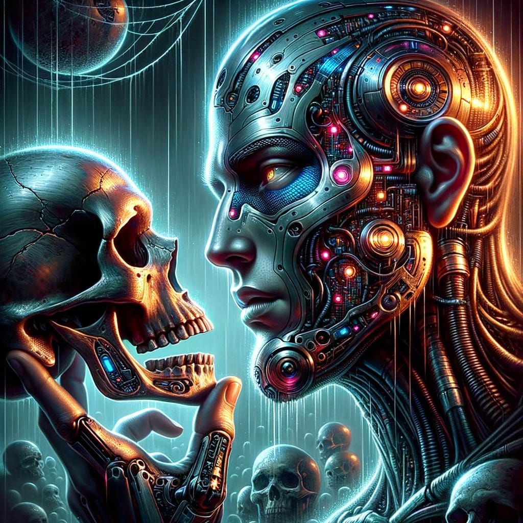 Cybernetic Hamlet Contemplates Skull in Neo-Baroque Style