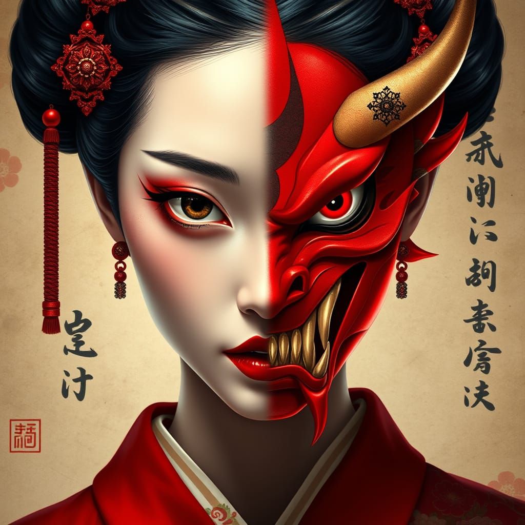Ethereal Beauty and Demonic Duality: Asian Woman Portrait