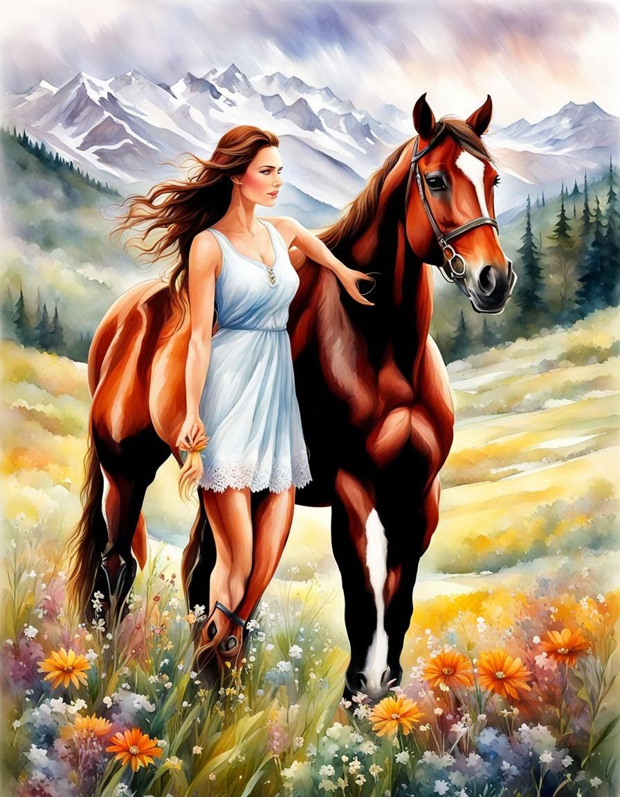 Gorgeous chestnut brown hair goddess and her horse grazing in the rain, on a meadow of wildflowers with a snow covered m...