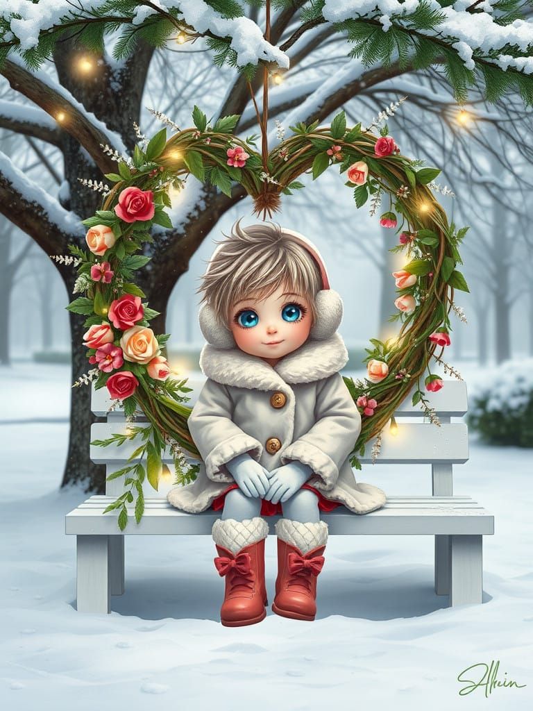 Whimsical Winter Girl in Heart-Shaped Floral Wreath