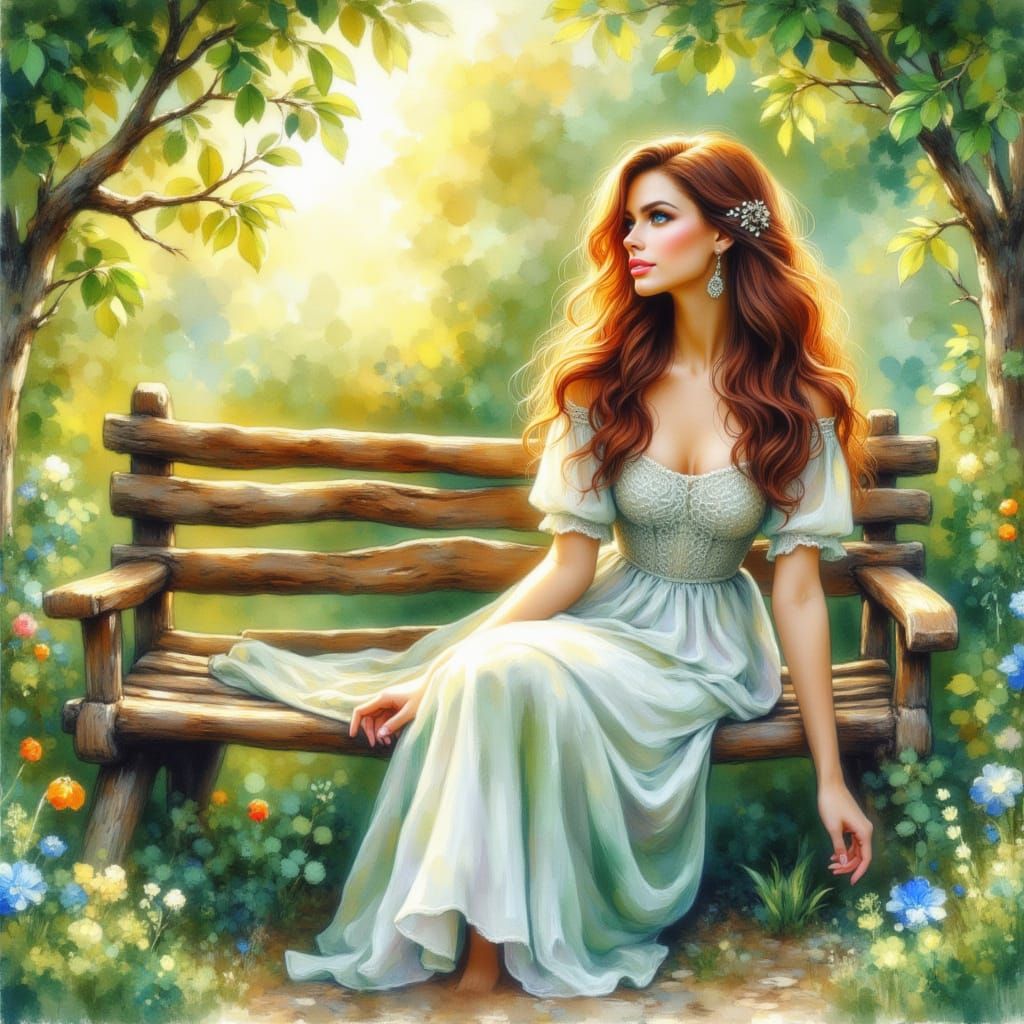 Woman on Garden Bench in Whimsical Gouache Style