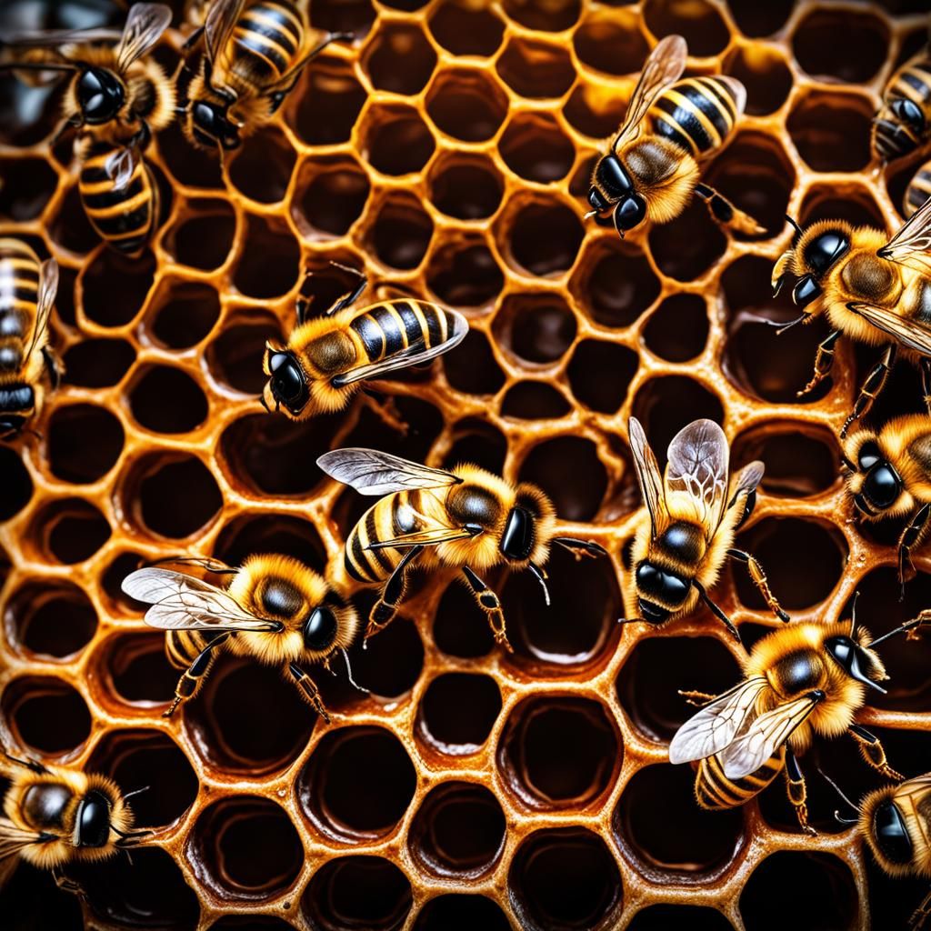 H.R. Giger style super focused and clear photograph of honeybees in honey comb where funny honey bees are sleeping, deta...