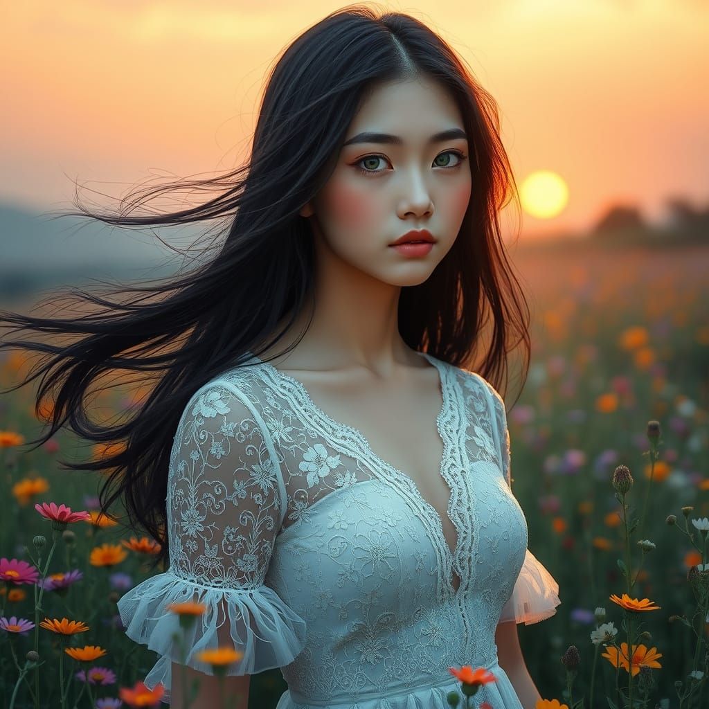 Woman in Wildflower Field at Dawn