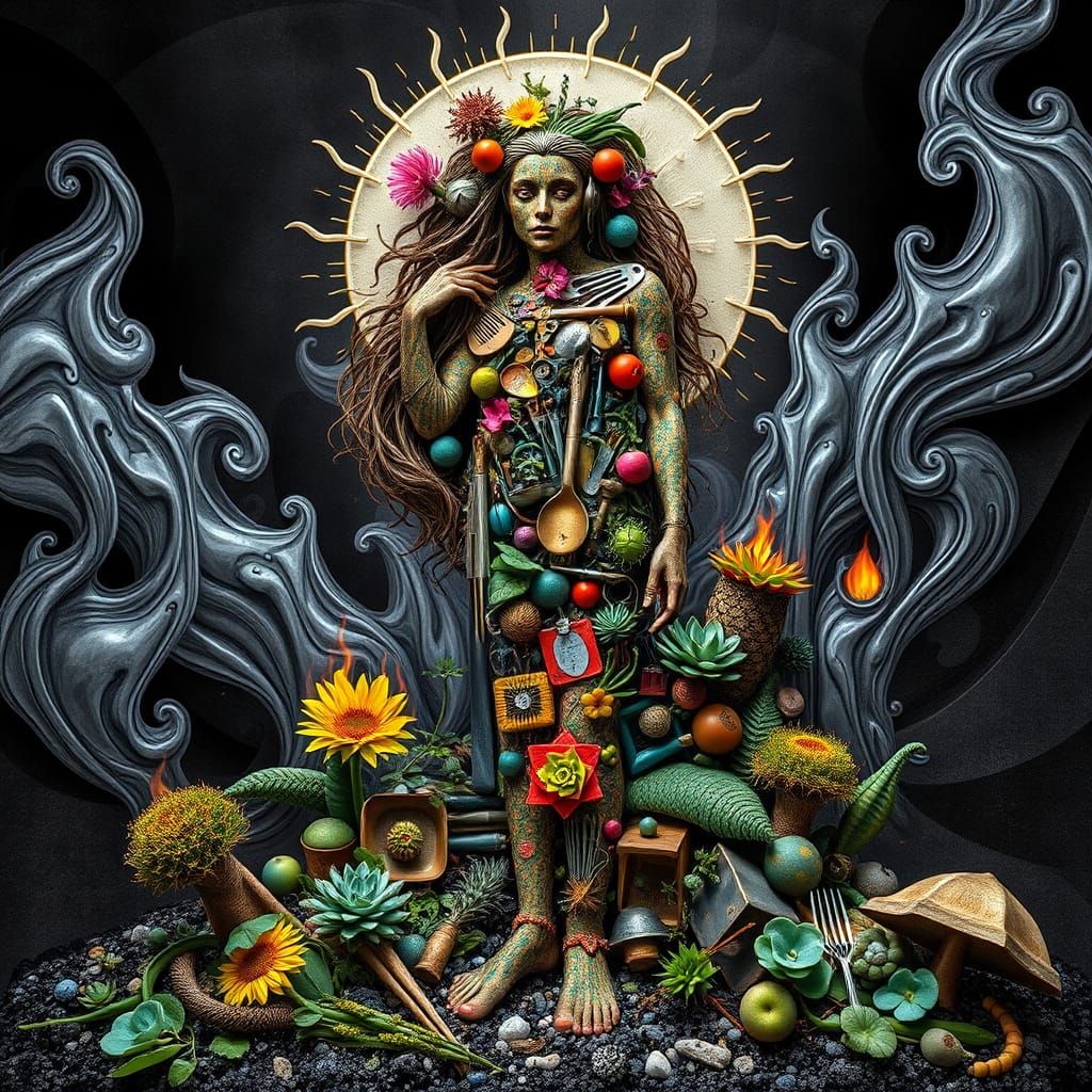 Hyperdetailed Surreal Woman Made of Kitchen Tools in a Black...