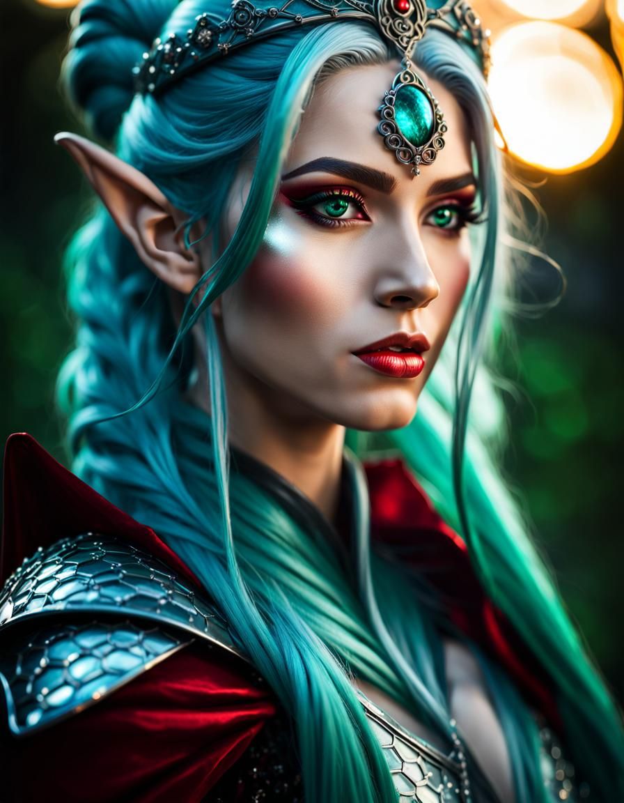 Silver Elf Woman with Teal Hair in Enchanted Forest