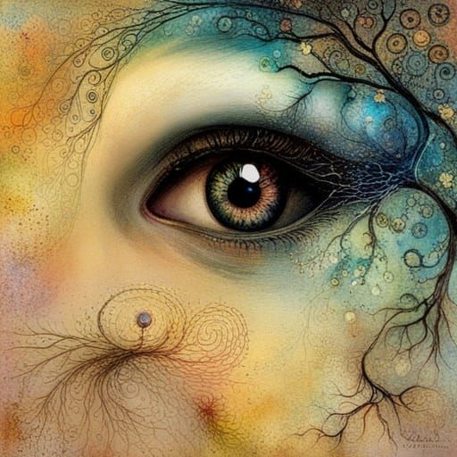 Surreal Eye Reflecting Branch Silhouettes and Music