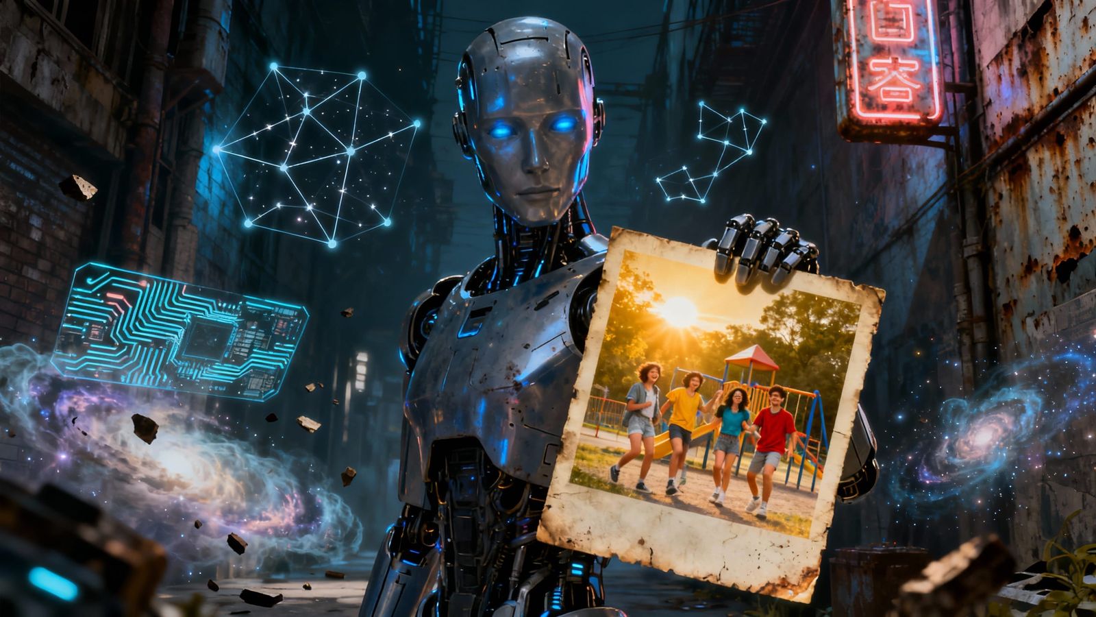 Android Contemplates Past Joy in Noir Sci-Fi Style