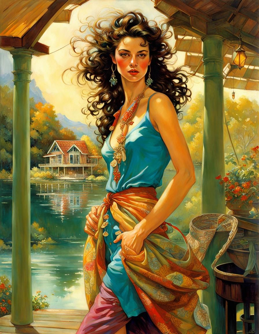 Brunette Woman on Lake House Patio Portrait