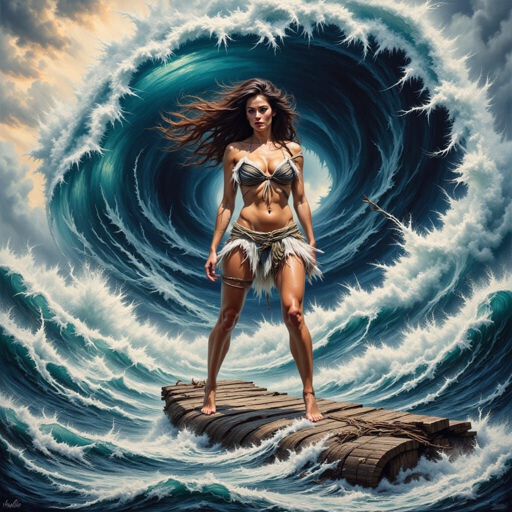 Dark-Haired Warrior on Turbulent Sea in Frazetta-Inspired Oi...