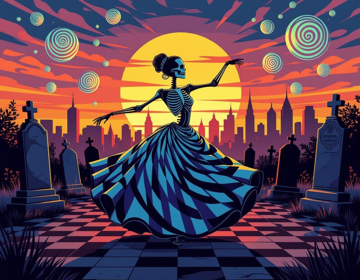 Skelegon in Bal Gown Dances in Mosaic Graveyard at Sunset