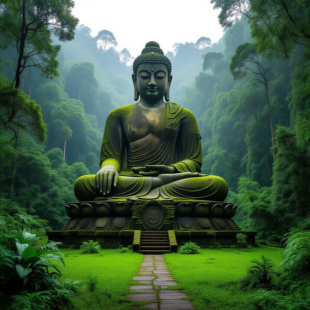 Massive Stone Buddha Statue in Lush Rainforest