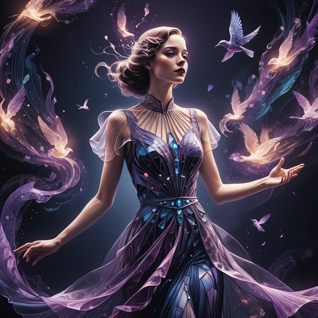 Surreal Girl Releasing Glowing Bird in Art Deco Style
