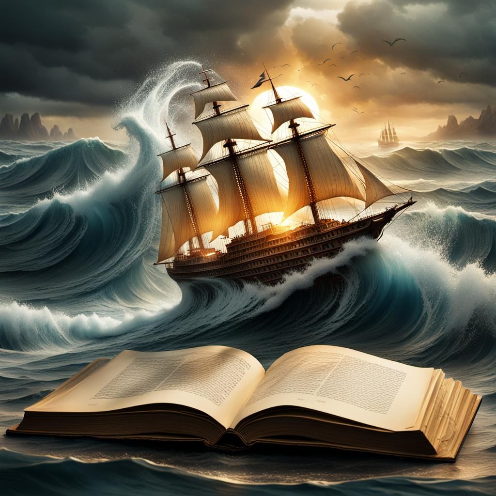 Sailboat Emerges from Book Pages: Surreal 3D Art