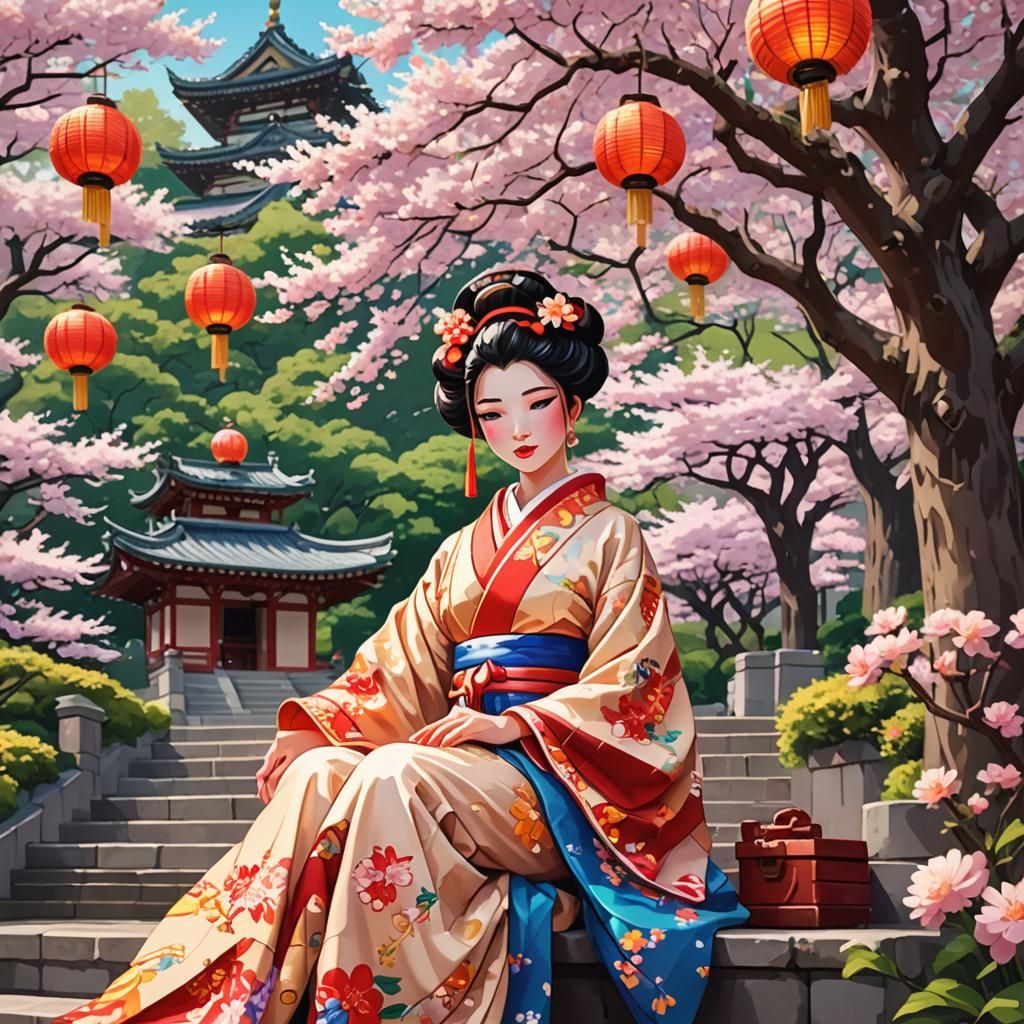 Cute Pixel Art Geisha Near Japanese Palace