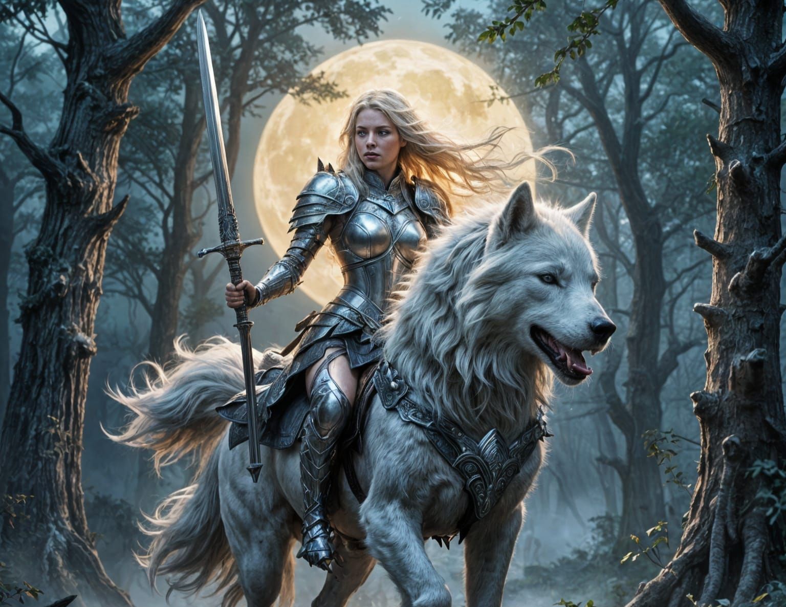 Blonde Warrior Woman on Direwolf in Haunted Forest
